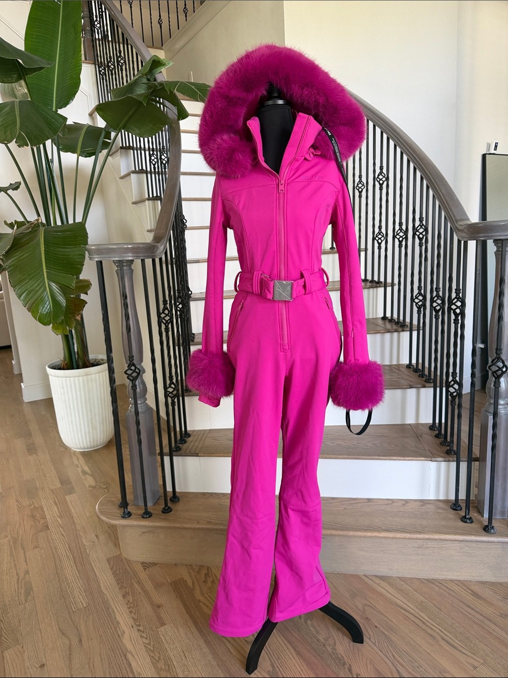 NWT BO + Tee Fuchsia Pink Faux Fur-Trim Ski Jumpsuit with detachable Hood (S)